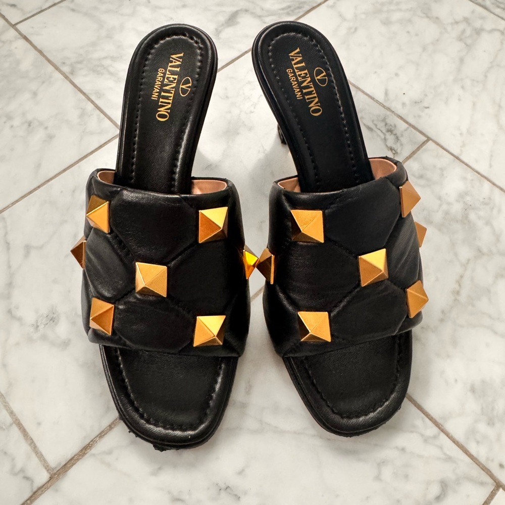 Valentino Black Mule Sandals with Gold Rockstuds